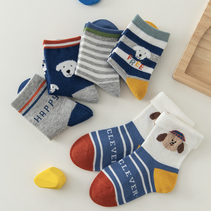 love, charlotte - 春秋季開心小狗中筒棉襪-5 雙一組