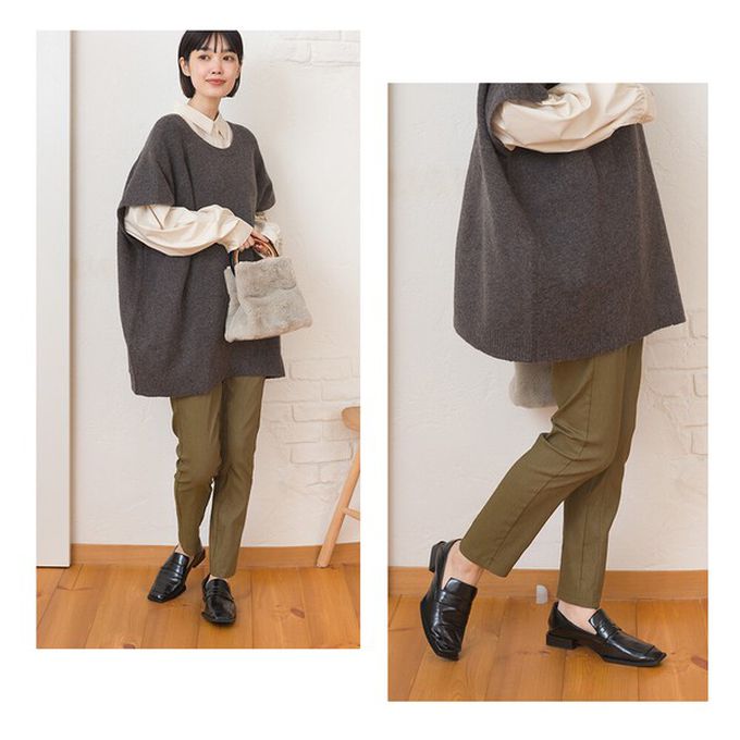 日本 OMNES - 美腳彈性內刷毛錐形長褲(後腰鬆緊)-橄欖綠