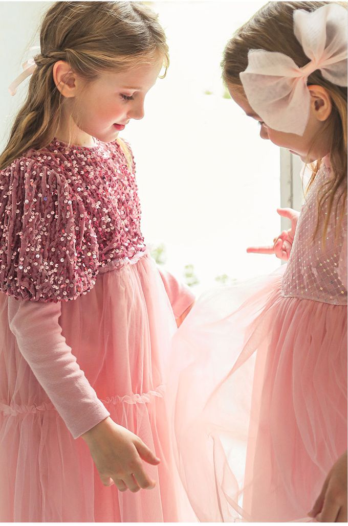 韓國 OZKIZ - 天鵝絨亮片點綴公主網紗洋裝-粉