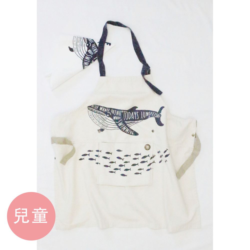 日本代購 - 印度棉質感兒童料理圍裙(可調尺寸/收納)+頭巾兩件組-鯨魚-黑白 (100-160cm)