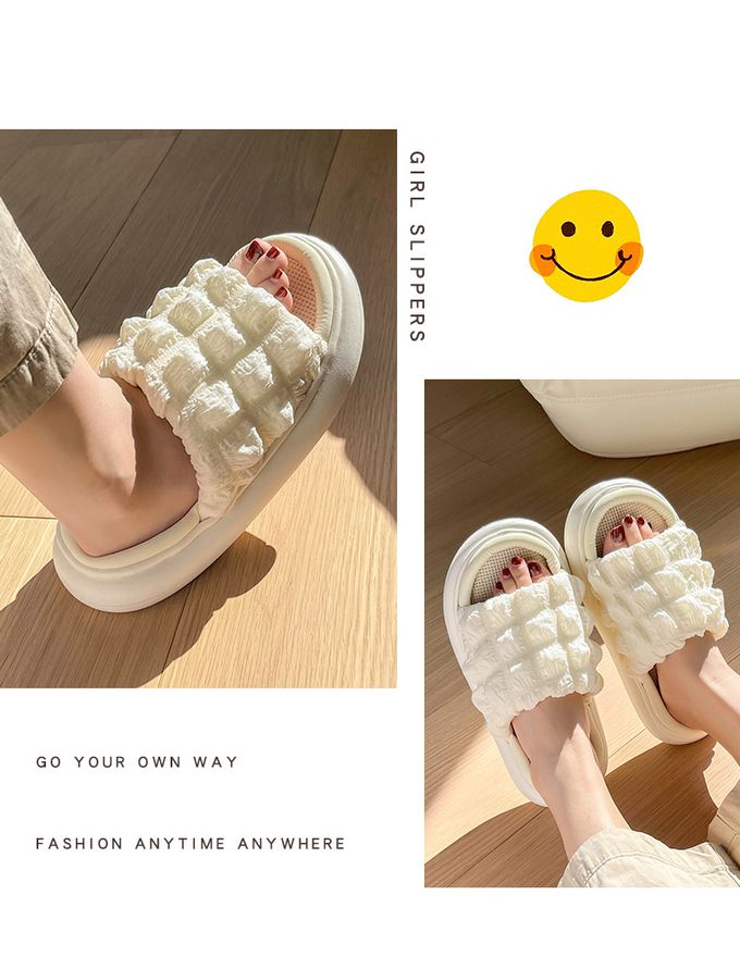 厚底海綿感亞麻室內拖鞋-鬆餅格-灰色