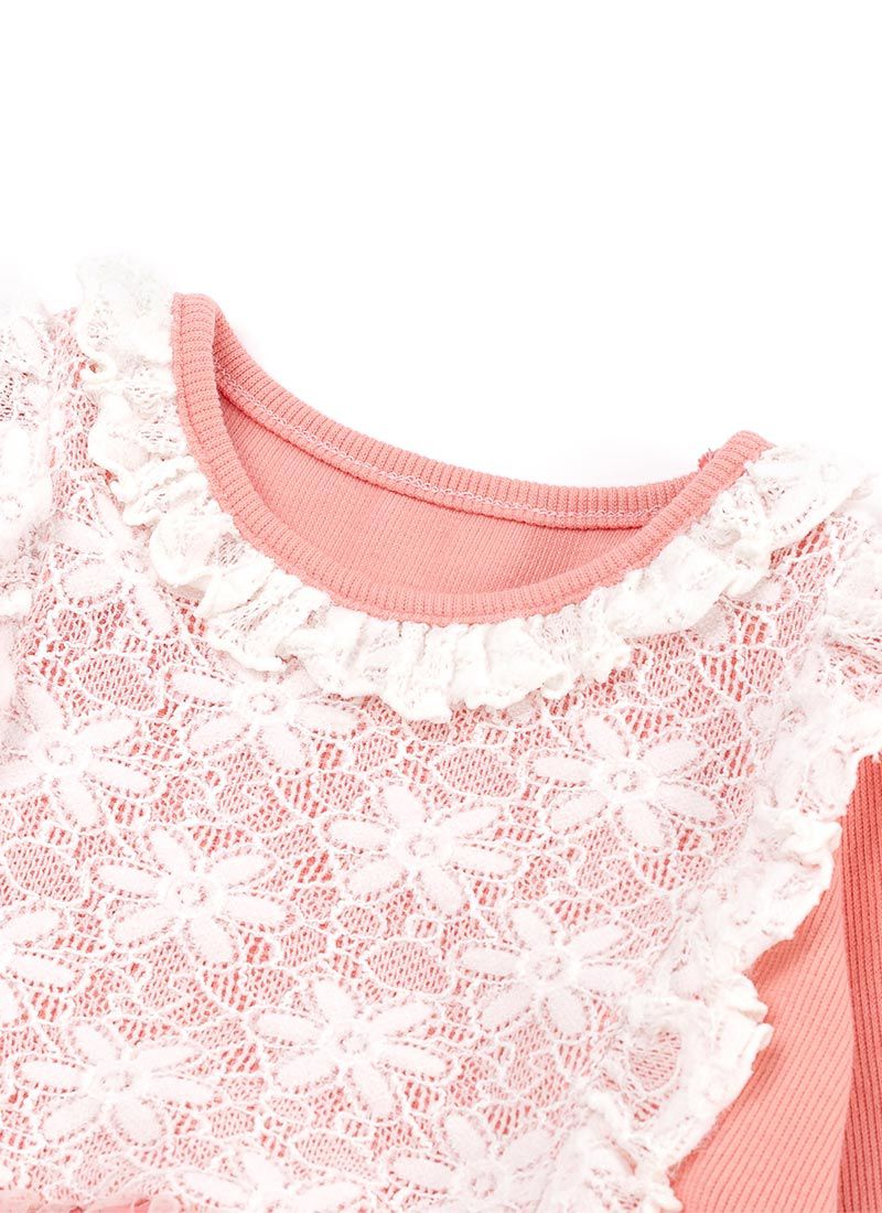 韓國 OZKIZ - 胸前蕾絲花朵網紗長袖拼接洋裝