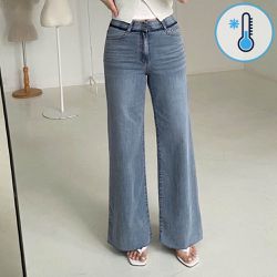 韓國女裝連線 - (Cool Max)鬆緊腰棉混紡鹽水刷色丹寧褲-丹寧藍帶灰