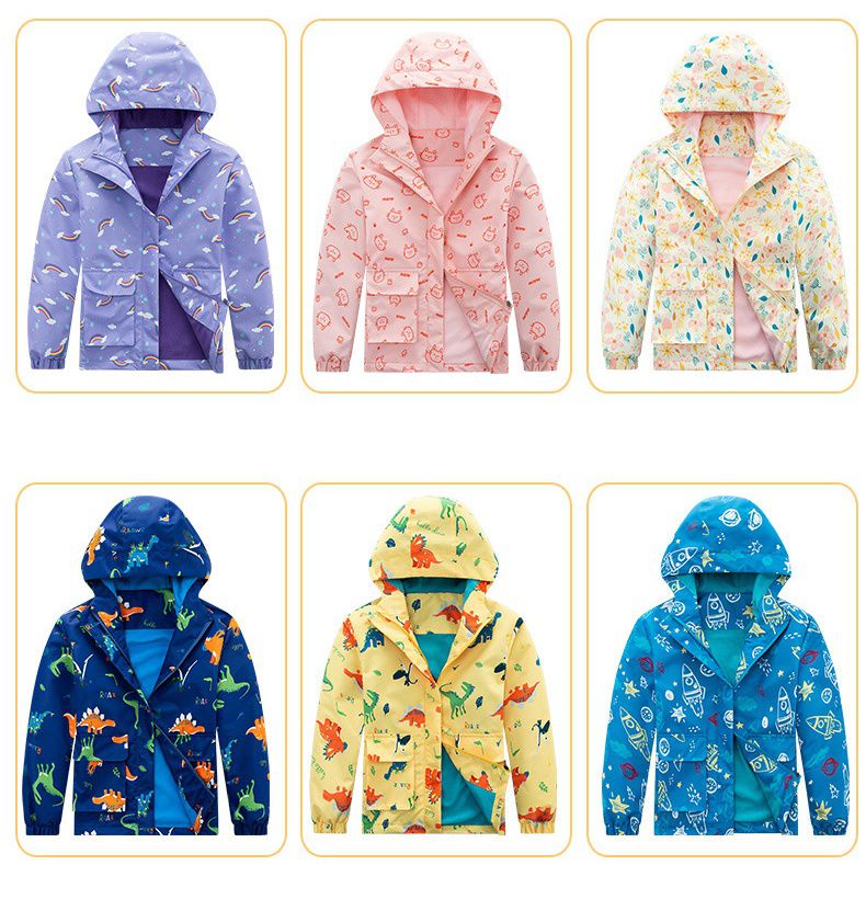 加絨款兒童防風防水衝鋒外套-恐龍樂園-黃色