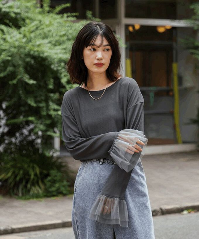 日本 Bab - 雙層薄紗拼接俏麗長袖上衣-黑