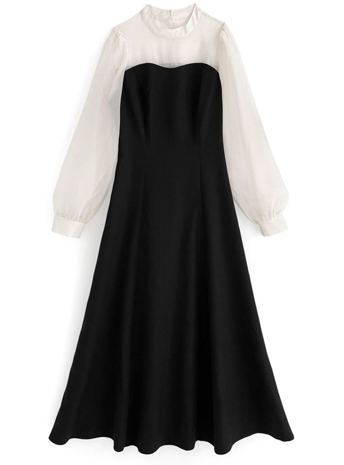 日本 GRL - 法式優雅雪紡拼接洋裝-黑