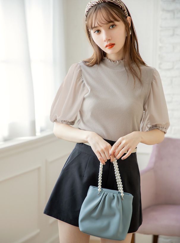 日本 GRL - 異材質拼接薄紗短袖上衣-灰杏