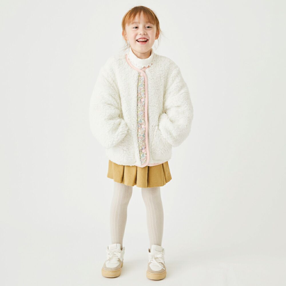 日本 evercloset - 雙面毛絨可愛花保暖外套-深藍x紫系