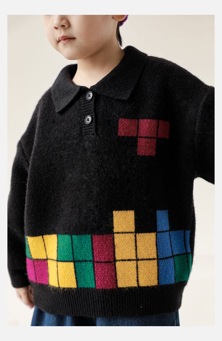 TONGMO - 復古Polo翻領針織長袖毛衣-俄羅斯方塊-黑色