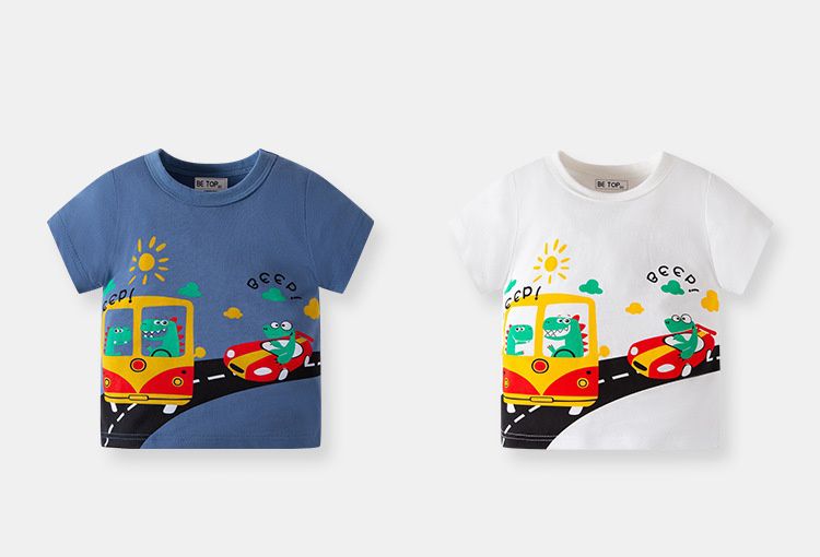 BE TOP - 純棉短袖上衣-恐龍出遊-海軍藍