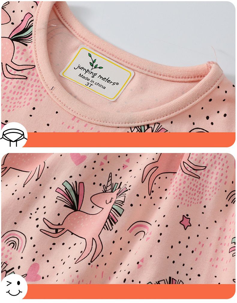 Jumping meters - 棉質圓領短袖洋裝-活潑獨角獸-粉色