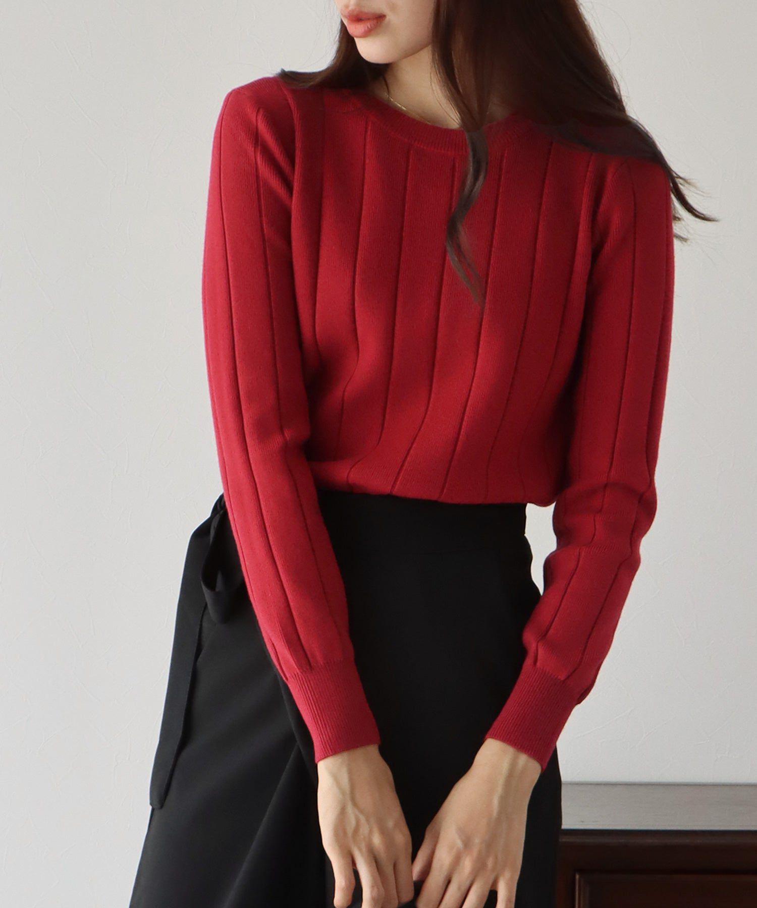 日本 BLUE EAST - 圓領粗羅紋針織上衣-紅