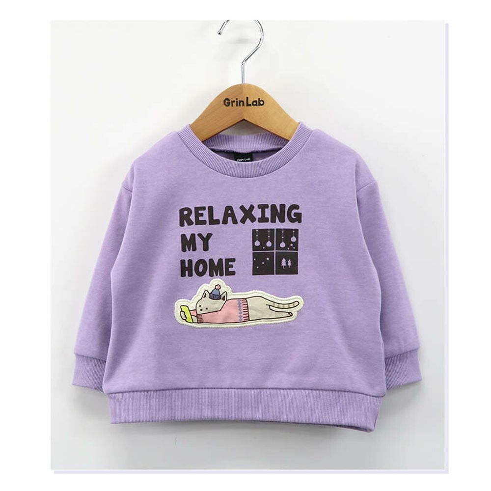 裏起毛 立體貼布印花長袖上衣-放鬆貓貓-紫