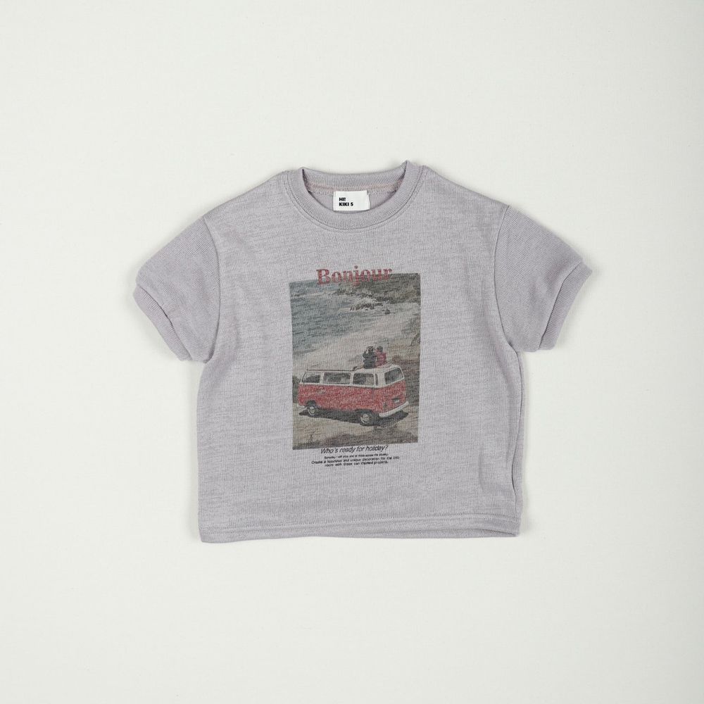 HIKIKI 復古休旅車印刷短袖針織衫-淺灰