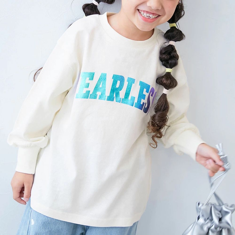 100%棉 閃亮金屬印花長袖上衣-FEARLESS-白