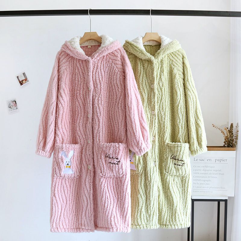 法蘭絨造型暖暖連身睡袍-兔子耳朵-米白色