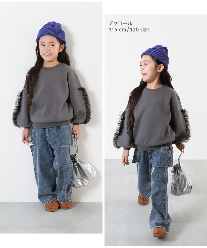 日本 devirock - 薄紗皺摺燈籠長袖裏毛上衣-淺卡其