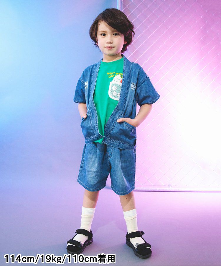 日本 BREEZE - 夏日祭典逗趣刺繡手巾牛仔短褲-幽默師匠-淺藍