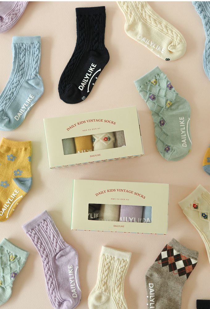 韓國 Daily Like - 兒童襪子/中筒襪4入組-復古花邊01