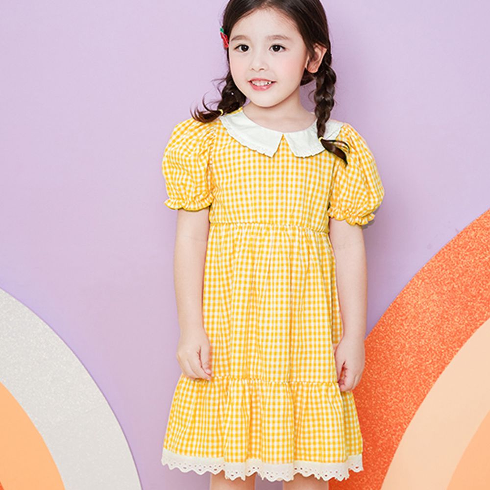 韓國 WALTON kids - (附髮帶)黃格子氣質洋裝