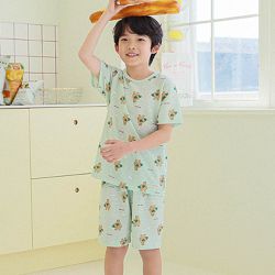 韓國 Ppippilong - 舒透提花短袖家居服/睡衣-滑板熊熊-湖水綠