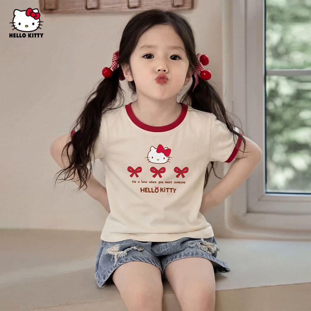 活潑撞色蝴蝶結短袖上衣-卡通人物Hello Kitty-米杏