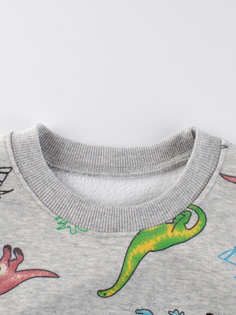 加絨棉質圓領長袖上衣/大學T-塗鴉恐龍-灰色
