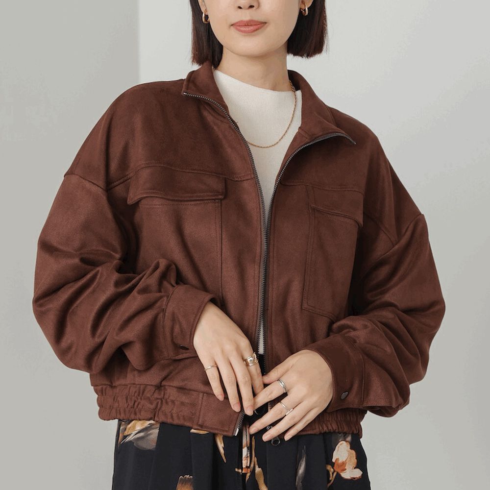 麂皮感立領率性口袋俐落外套-咖啡