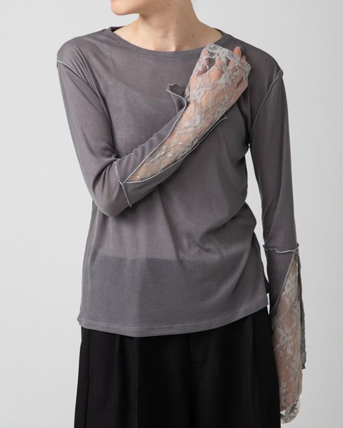 日本 gleam - 薄透合身蕾絲拼接長袖上衣-黑