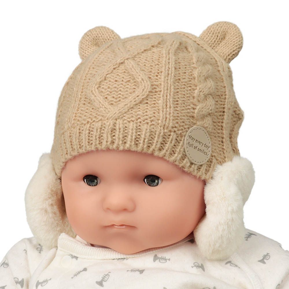 嬰幼兒小耳朵針織帽-刷毛耳罩-淺卡其色