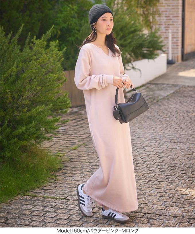 日本 Kobe Lettuce - 極上溫暖 裏起毛鑰匙領休閒長袖洋裝-米膚