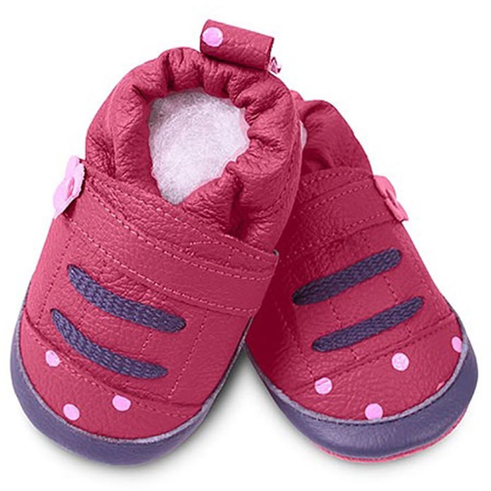 英國 shooshoos - 健康無毒真皮手工鞋/學步鞋/嬰兒鞋/室內鞋/室內保暖鞋-桃紅點點運動型