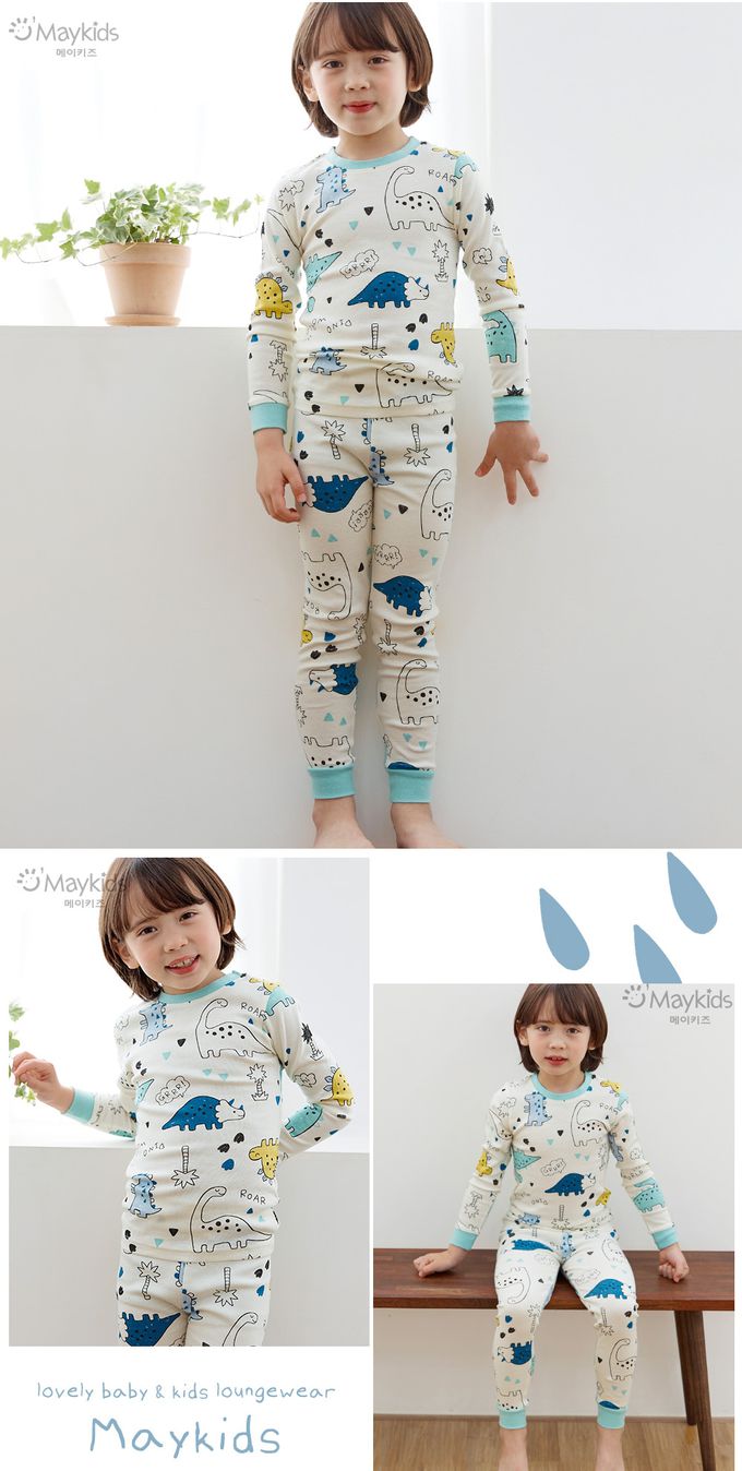 韓國 Maykids - 無螢光30支棉長袖家居服-卡通恐龍樂園-米