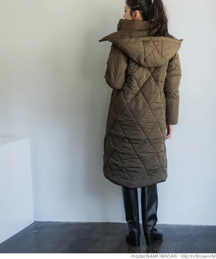 日本 COCA - 俐落長版絎縫鋪棉保暖外套(帽可拆)-咖啡