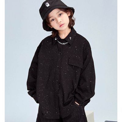 FULONGZAI - 純棉低調閃耀長袖襯衫-領口刺繡-黑色