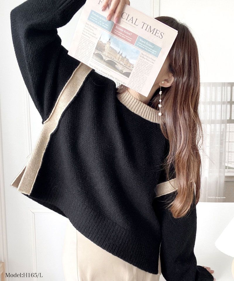 日本 Classical Elf - 撞色拼接寬鬆落肩毛衣-黑x杏