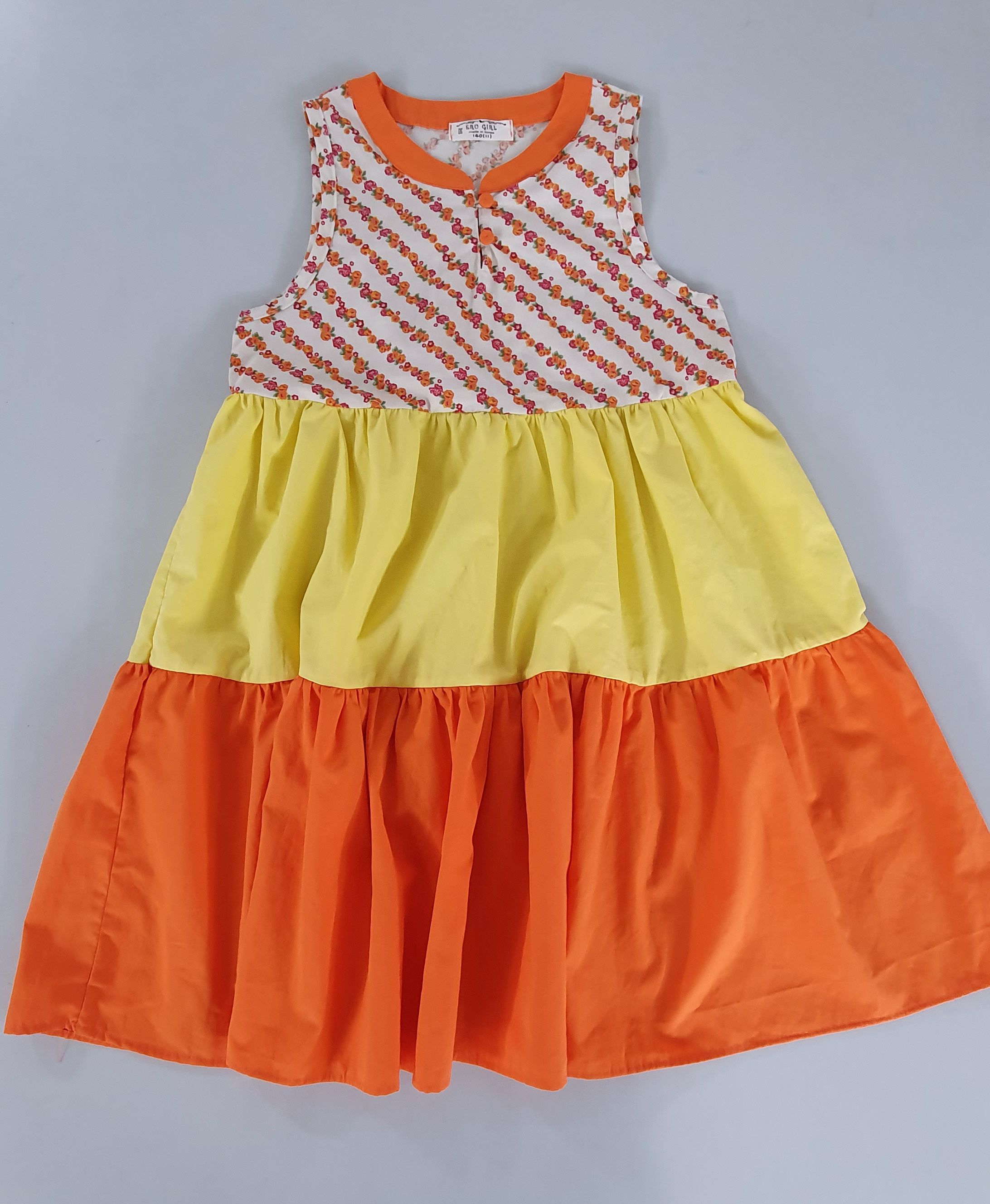 韓國 ERU - 斜紋花朵拼接色長版洋裝-橘黃