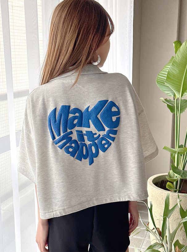 日本 GRL - 英文立體印花翻領短T-燕麥灰 (F)