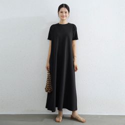 Yukié - 氣質華夫格顯瘦A字短袖長洋裝-黑色