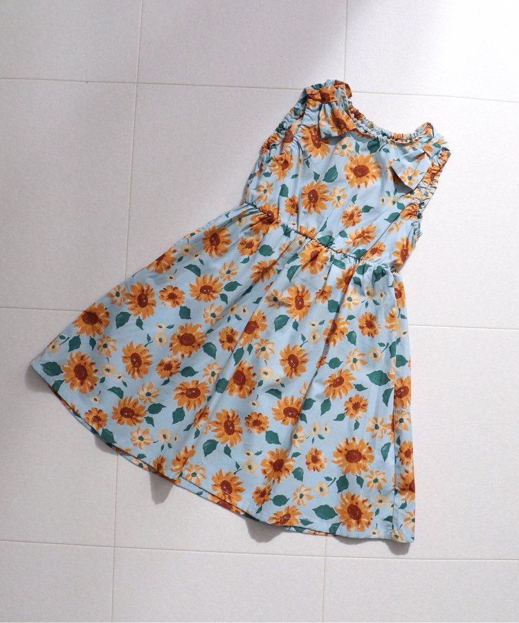 日本 apres les cours - 肩蝴蝶結浪漫印花無袖A字洋裝-向日葵-水藍