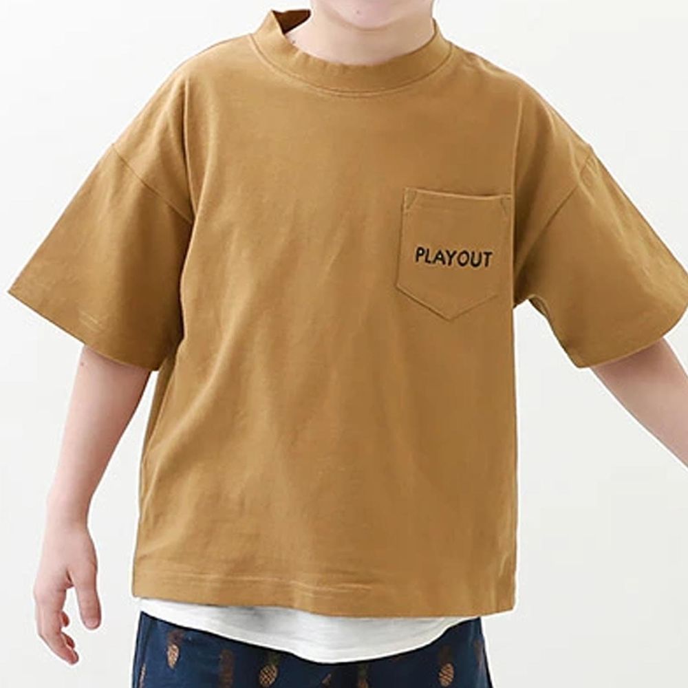 日本 devirock - 純棉 圓領刺繡口袋短袖上衣-PLAYOUT-棕