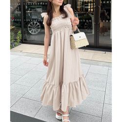 日本 GRL - 肩蝴蝶結甜美皺褶細肩帶洋裝-象牙杏 (F)