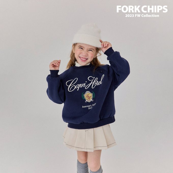 韓國 FORK CHIPS - (內磨毛)刺繡點綴圓領大學T-深藍