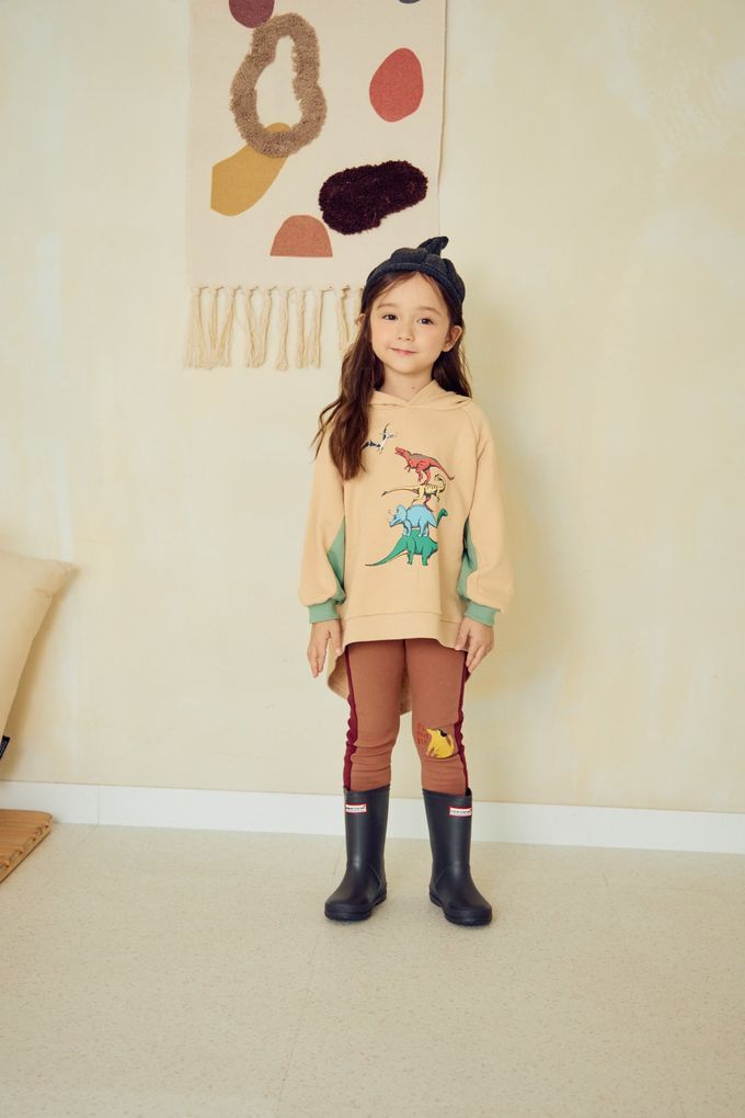 韓國 Mimico - 恐龍印角角造型連帽長袖上衣-卡其