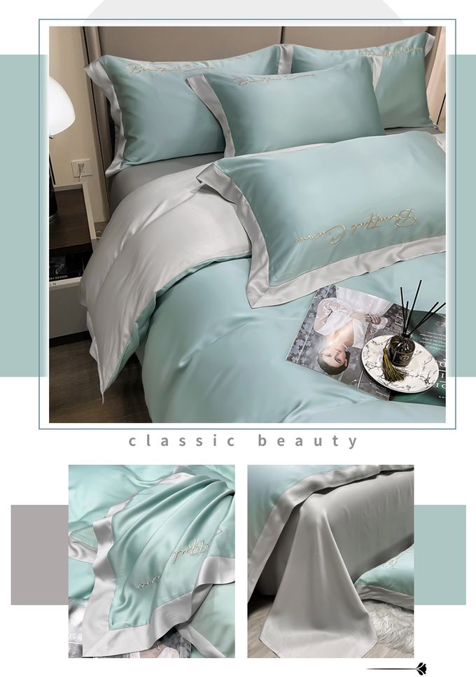 Eyah宜雅居家生活 - 撞色拼接立體刺繡60支萊賽爾天絲床包被套四件組-松石綠輝