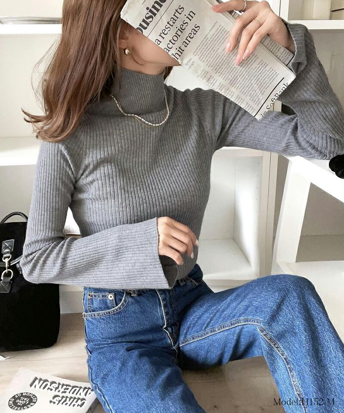 日本 Classical Elf - 小立領彈性羅紋針織上衣-摩卡杏