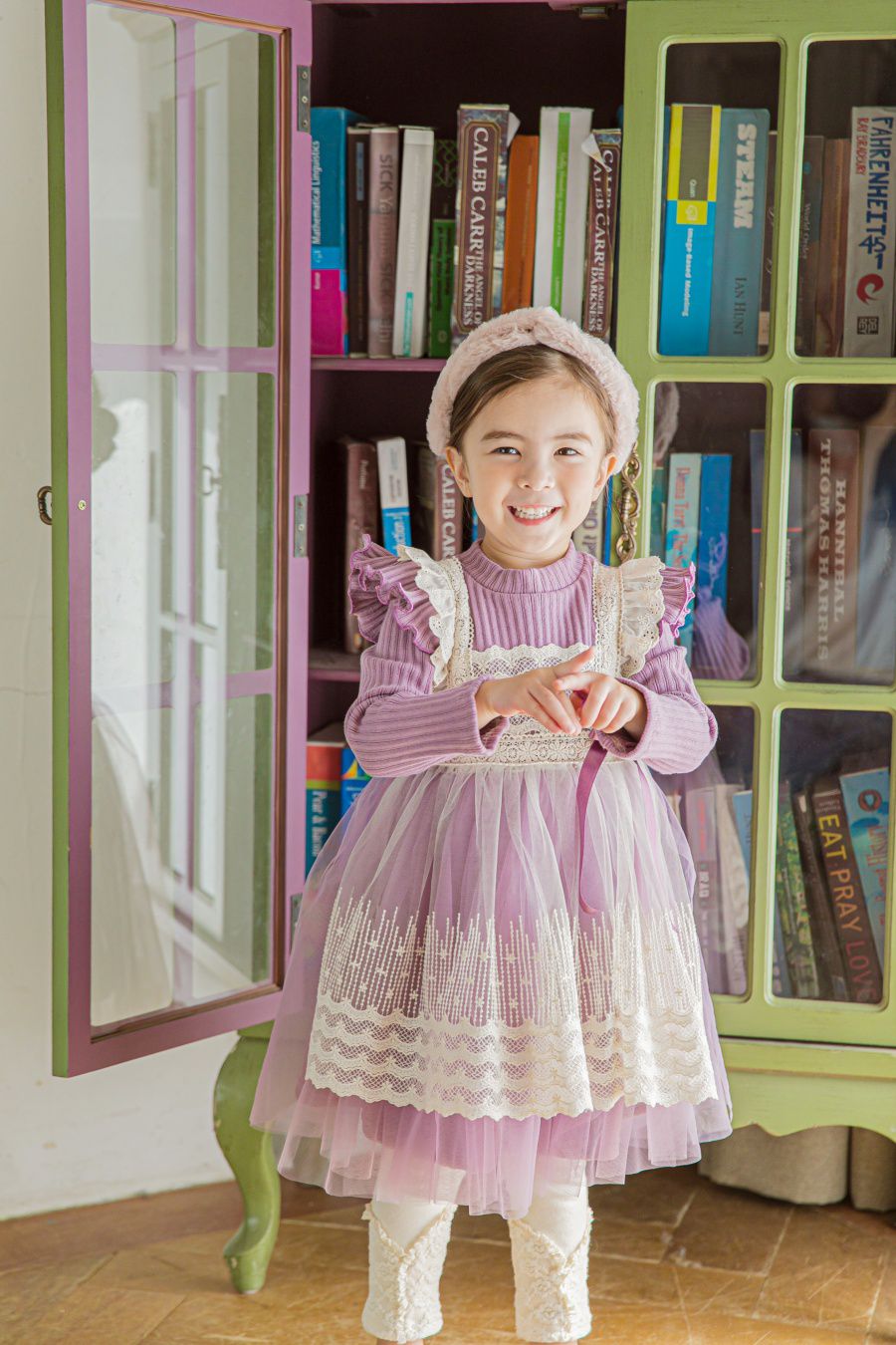 韓國 mari an u - (裏起毛)假蕾絲圍裙立體領網紗洋裝-薰衣紫