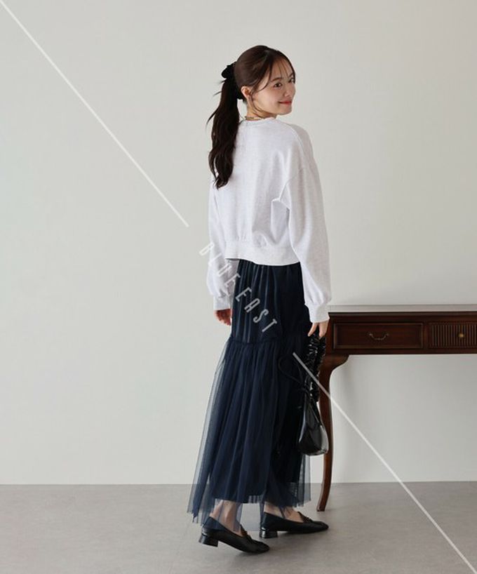 日本 BLUE EAST - 薄紗絲絨拼接飄逸長裙-(可選長度)-黑