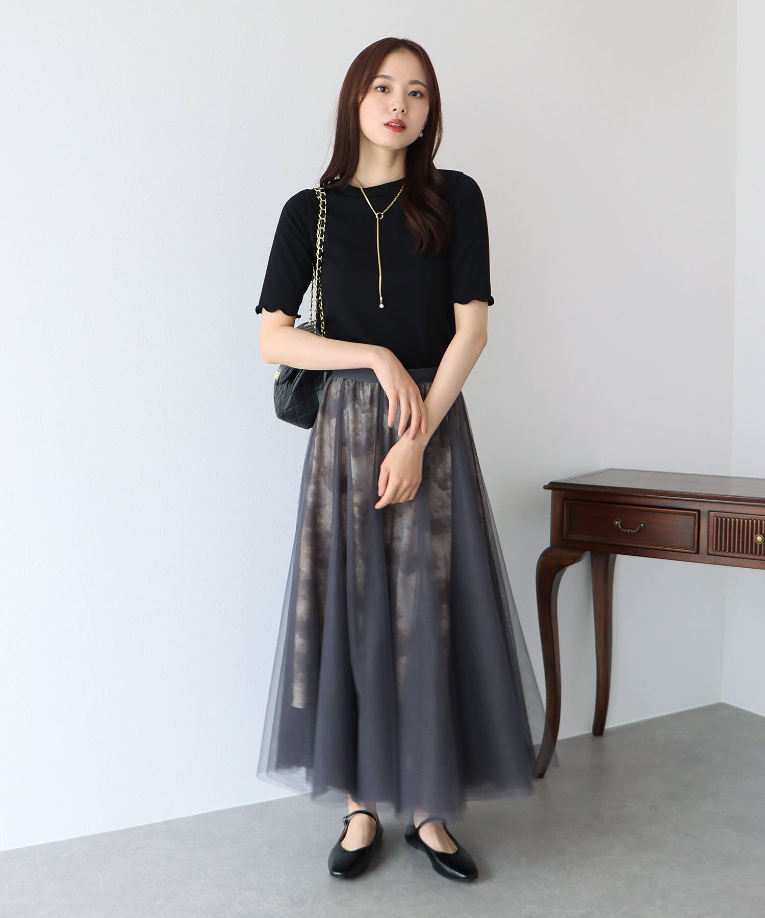 日本 BLUE EAST - 浪漫印花雙層紗裙-卡其