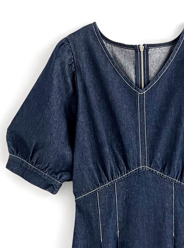 日本 GRL - V領酷甜丹寧泡泡短袖洋裝-海軍藍